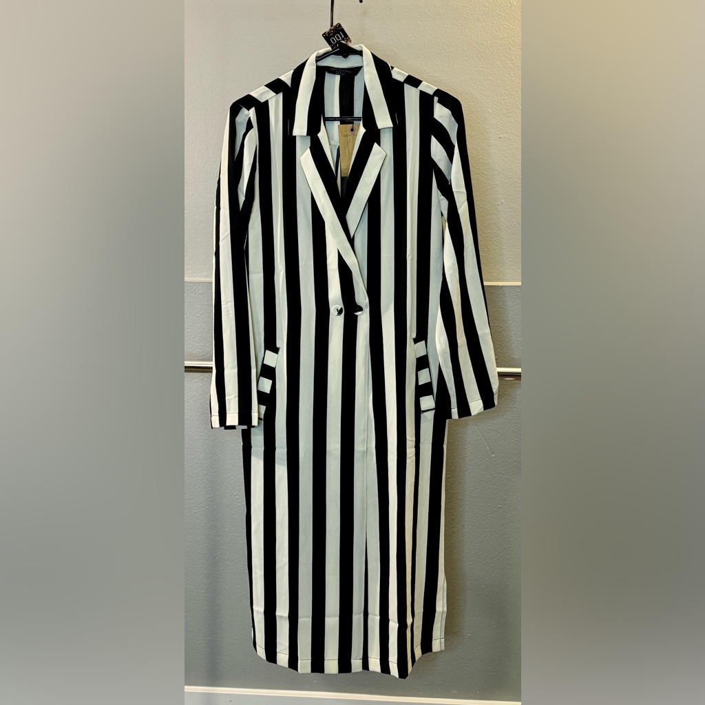 Knot Sisters Black And White Vertical Stripe Long Blazer Coat